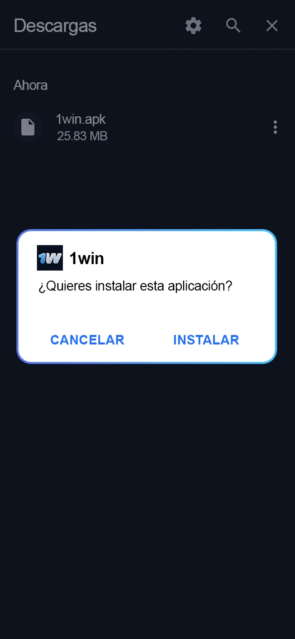 Siga las instrucciones para completar la instalación de la aplicación 1win.