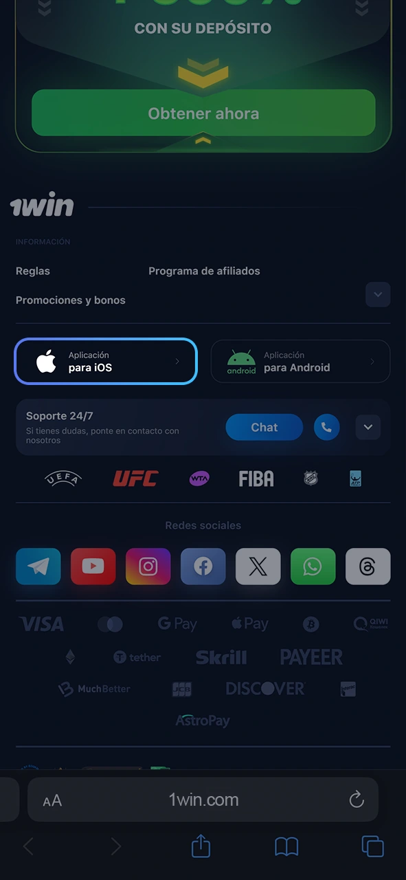 Seleccione el botón de la aplicación 1win para iOS.