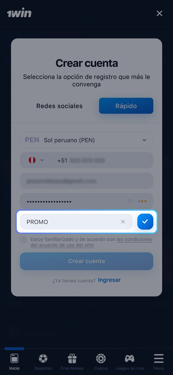Introduce tu código promocional 1Win.