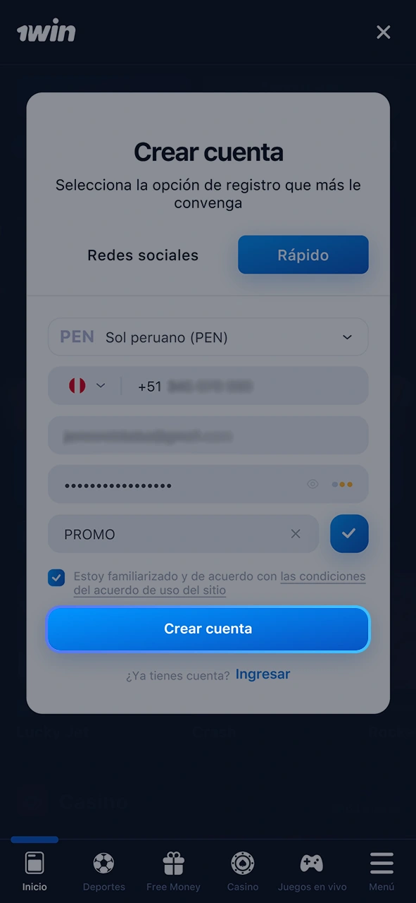 Complete el proceso de registro en 1Win.
