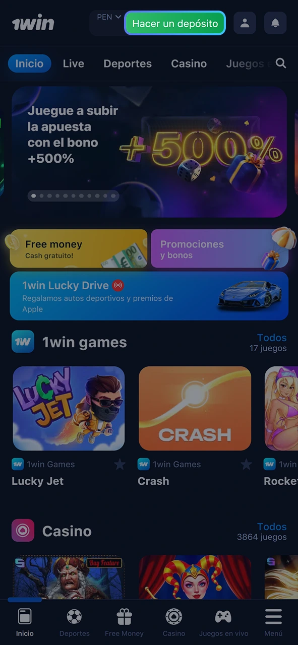 Vaya a la sección de depósitos de su perfil 1Win.