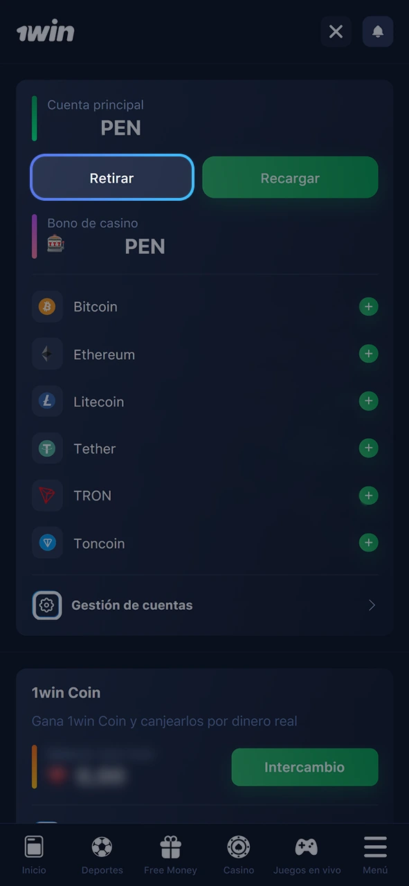 Haga clic en el botón de retirada de la cuenta 1Win.