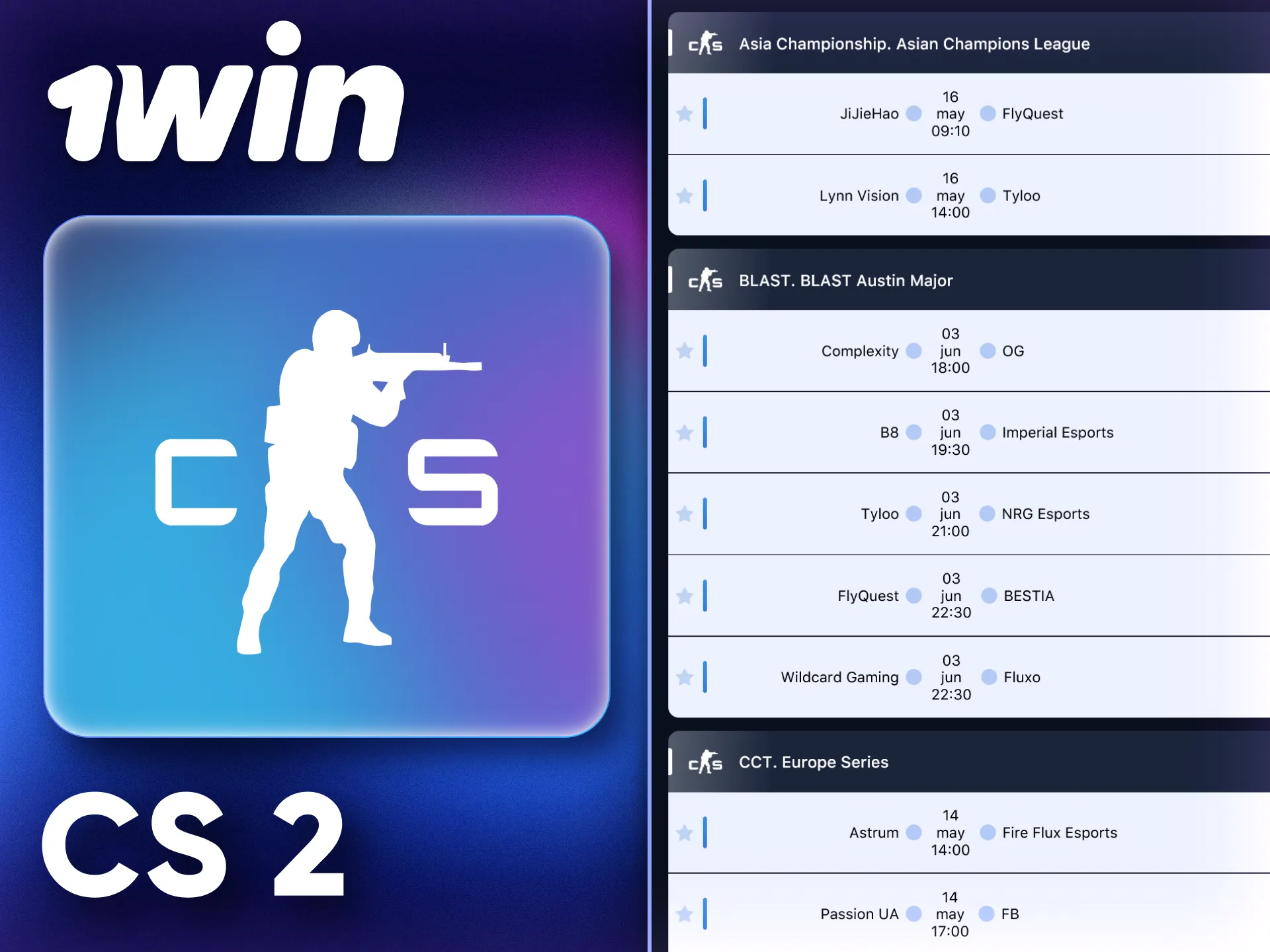 Encuentra los mejores torneos de CS2 para apostar en 1Win.