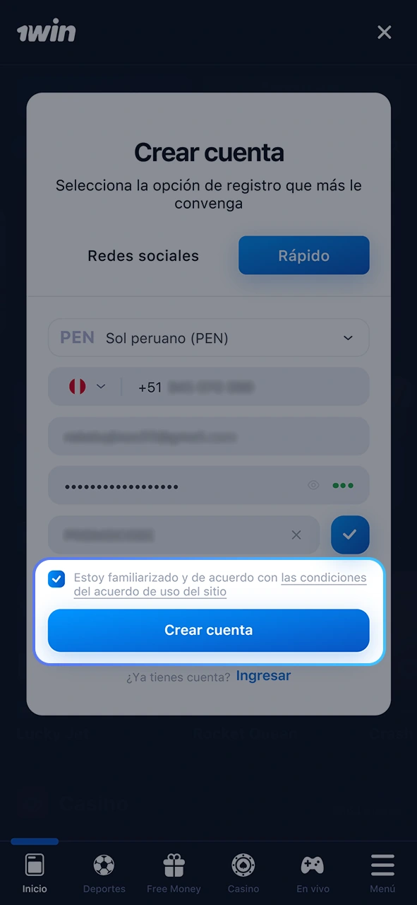 Acepte las normas de la plataforma 1win y complete su registro.