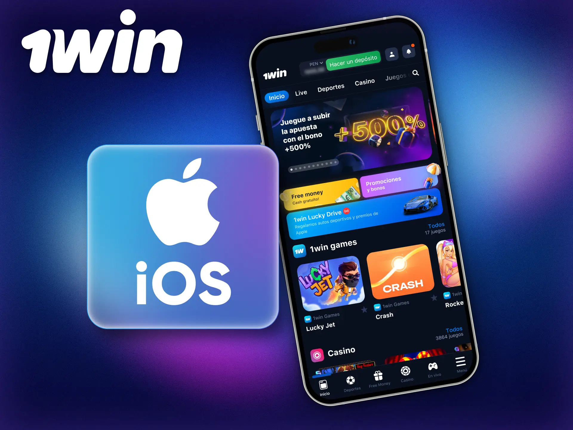 Utiliza 1Win en tu dispositivo iOS para apostar y jugar.
