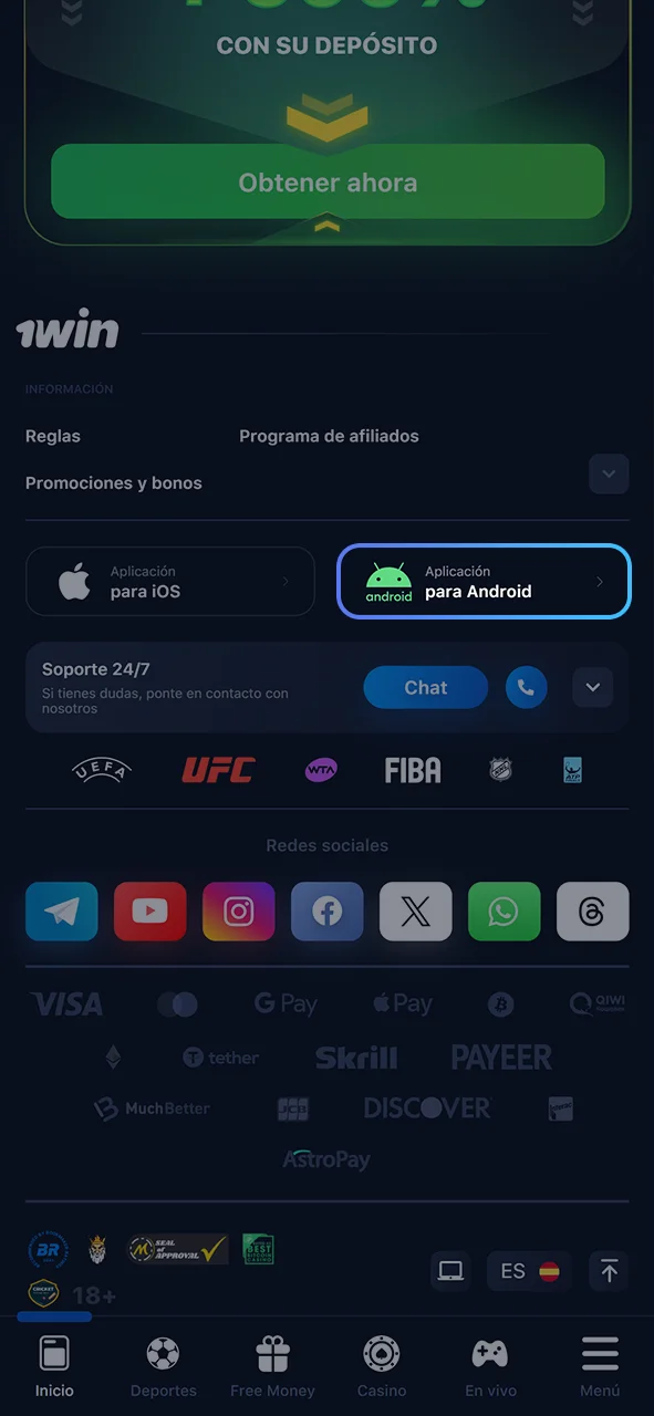 Encuentre la sección de aplicaciones en el sitio web de 1win.