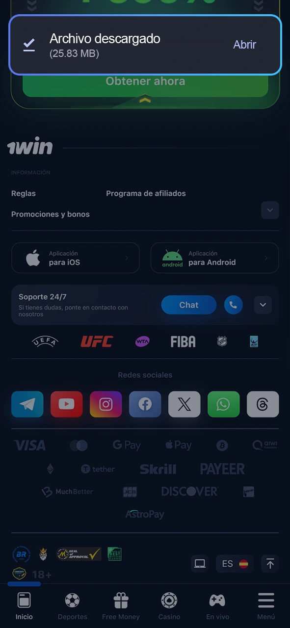 Espere a que se descargue el archivo de la aplicación 1win.