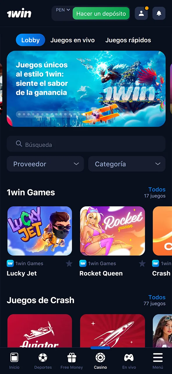 Encuentre su juego de casino favorito en la aplicación 1win.