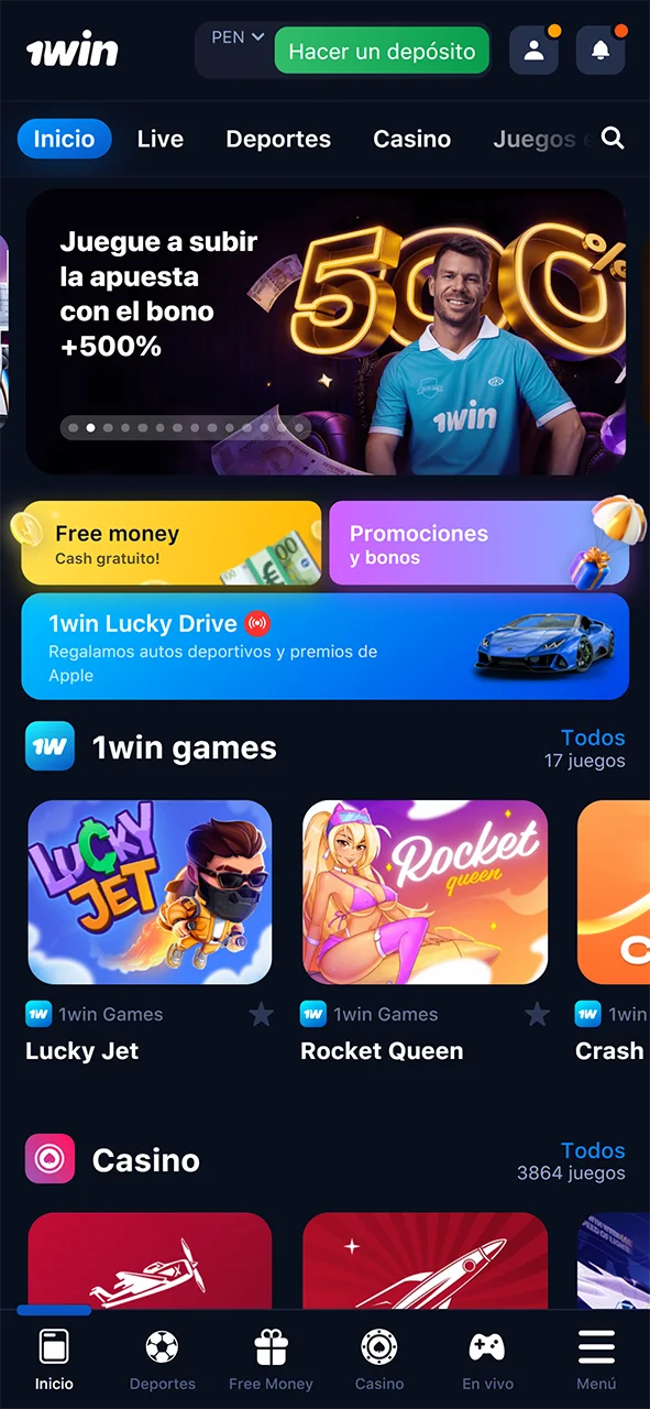 Página de inicio de la aplicación móvil 1win.