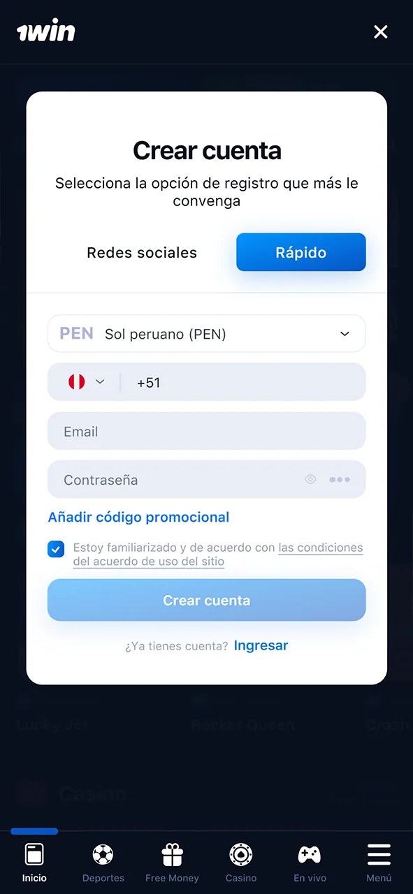 Formulario de inscripción en la aplicación 1win.