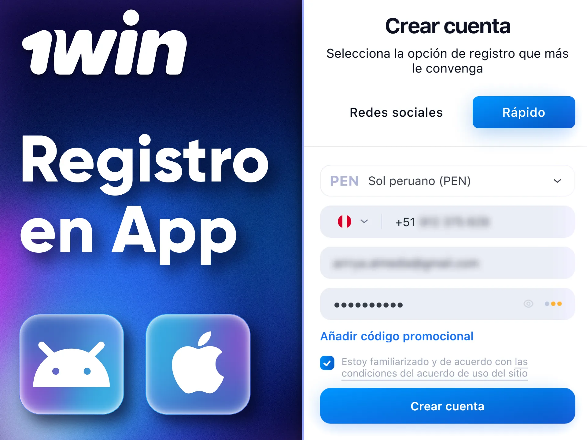 Regístrese en 1Win a través de la aplicación móvil con facilidad.