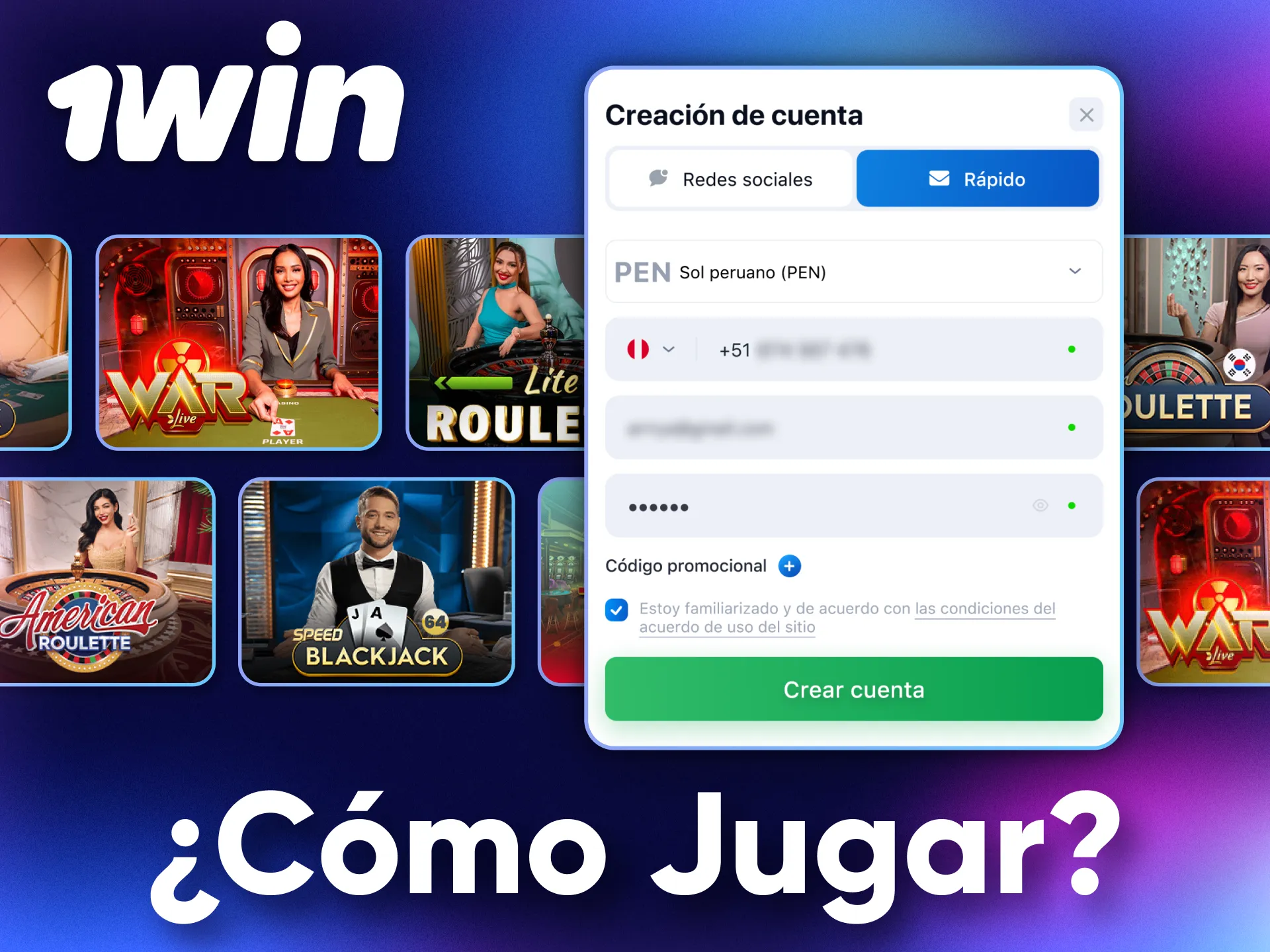Crea una cuenta en 1Win y empieza a disfrutar de los juegos de casino en vivo.