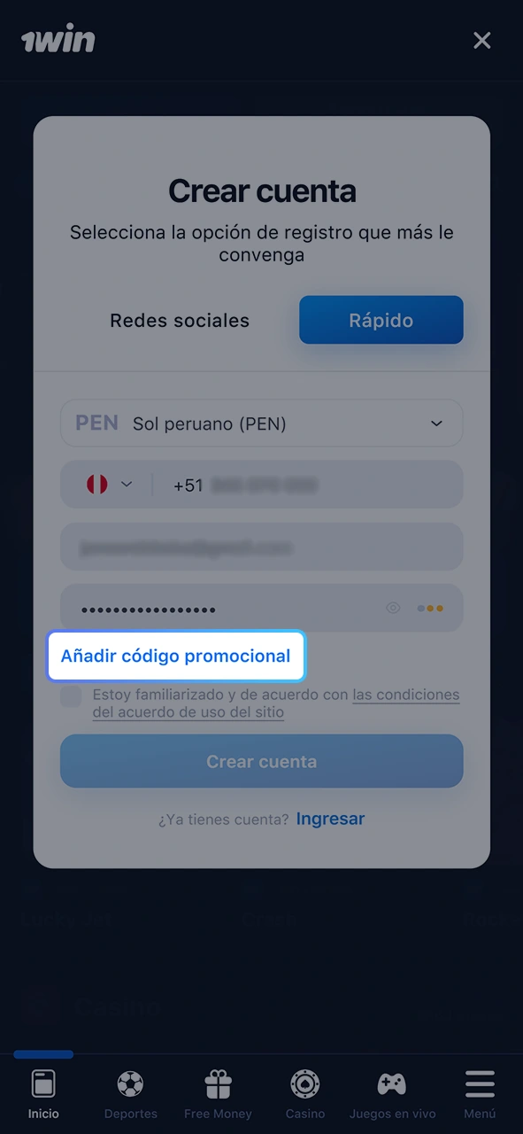 Haga clic en el botón para abrir el formulario de código promocional de 1Win.