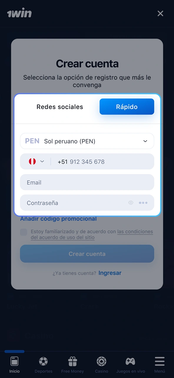 Elija cómo registrarse en 1Win y facilite sus datos.