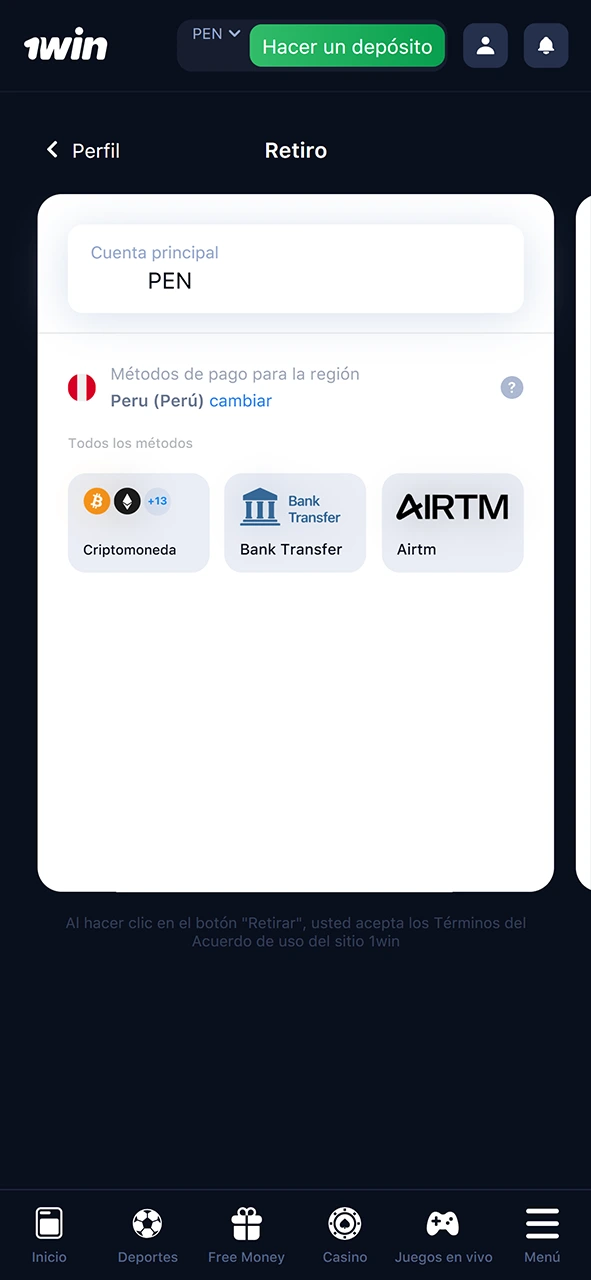 Elija un método de pago para retirar fondos en 1Win.