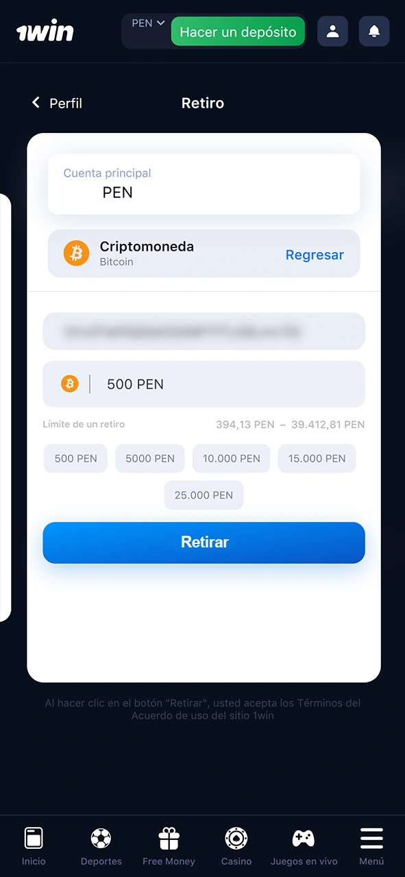 Introduzca el importe de la retirada y confirme la transacción en 1Win.