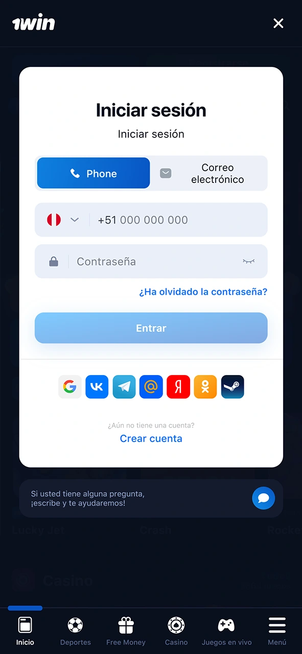 Conéctese a su cuenta 1Win.