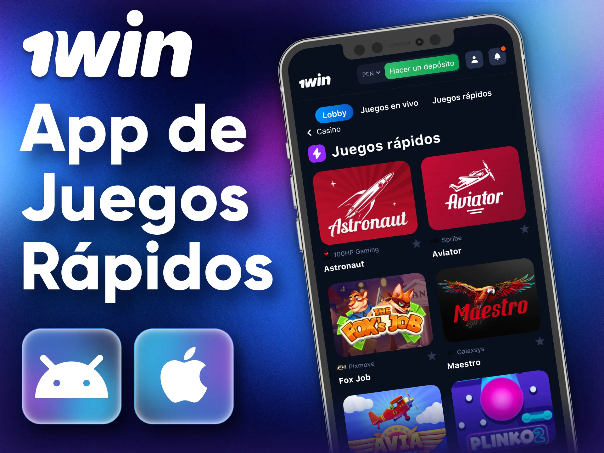 Juega a rápidos juegos de casino a través de la aplicación móvil de 1Win.
