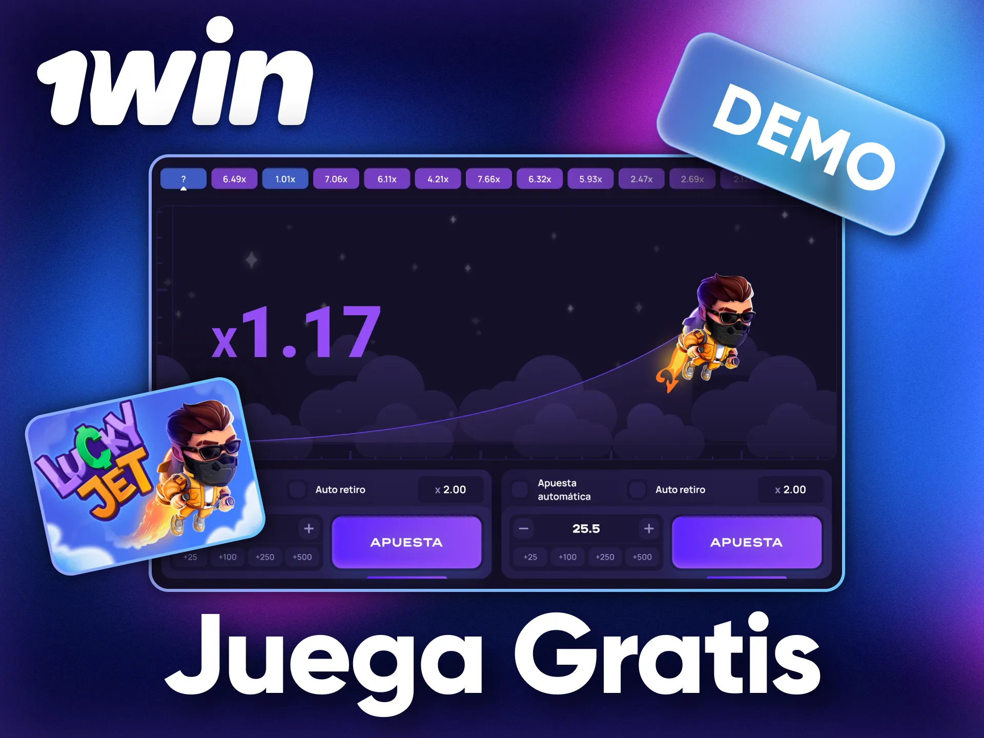 Utiliza el modo demo de Lucky Jet en 1Win para probar tus estrategias de juego.
