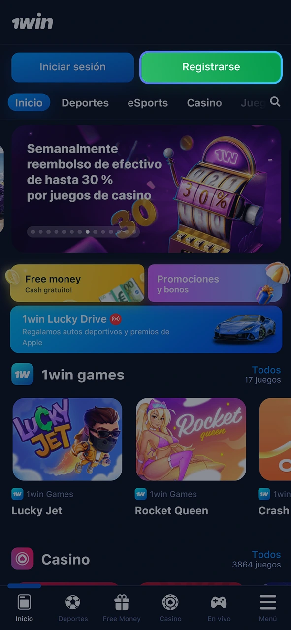 Encuentre el botón de inscripción en la página de inicio de 1win.