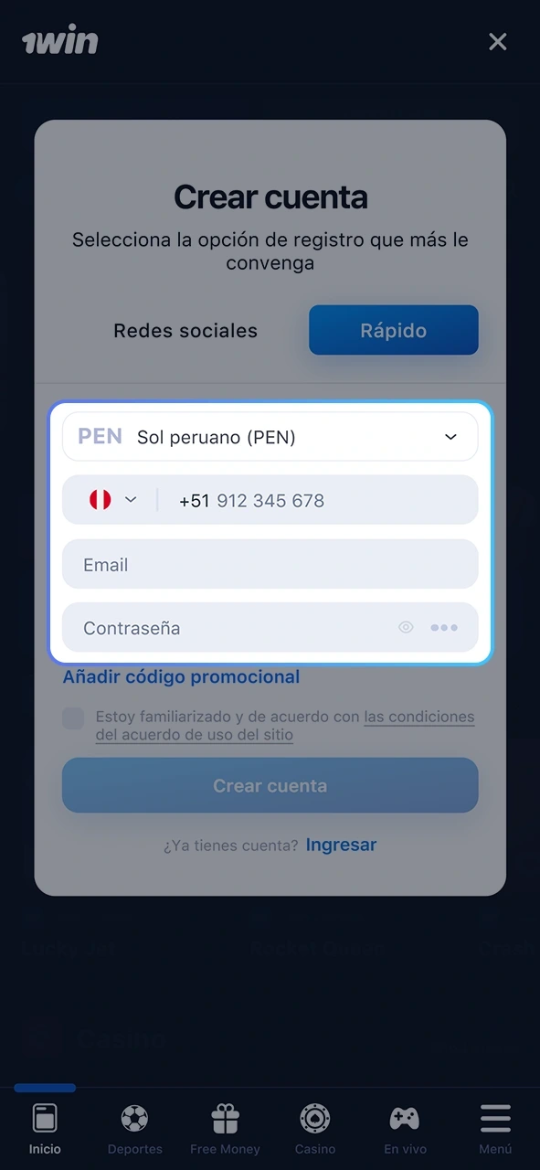 Rellene los campos del formulario de inscripción 1win.
