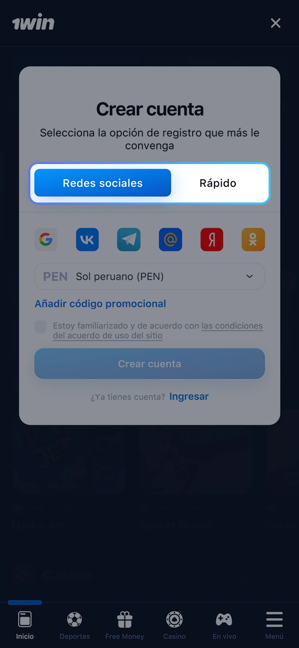 Elija la forma que más le convenga para registrarse en 1win.