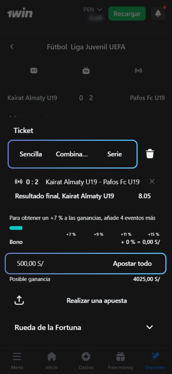 Rellene el formulario de apuesta 1win.