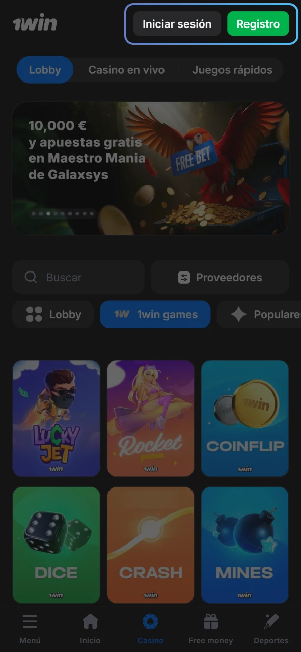 Acceda a su cuenta 1win o regístrese.
